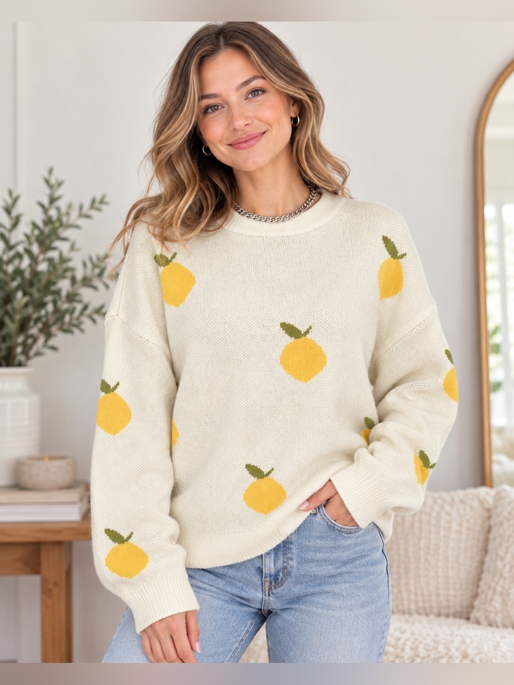 Women's Cream Lemon-Print Crewneck Sweater